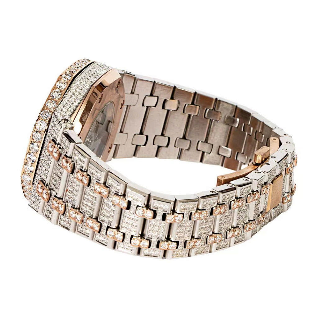 Moissanite Two Tone Rose Gold Skeleton Dial Octagon Watch - Master of Bling 