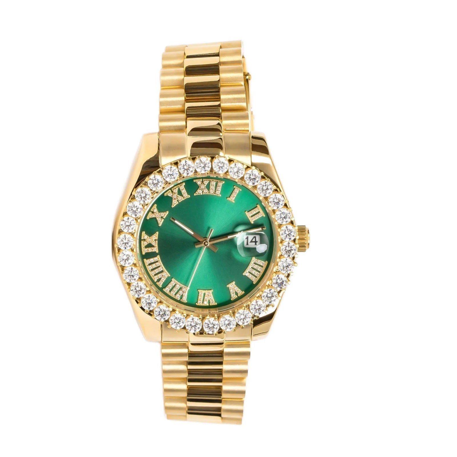 Moissanite VS Watch Roman Green Dial 14k Gold Tone Solitaire Bezel Custom - Master of Bling 