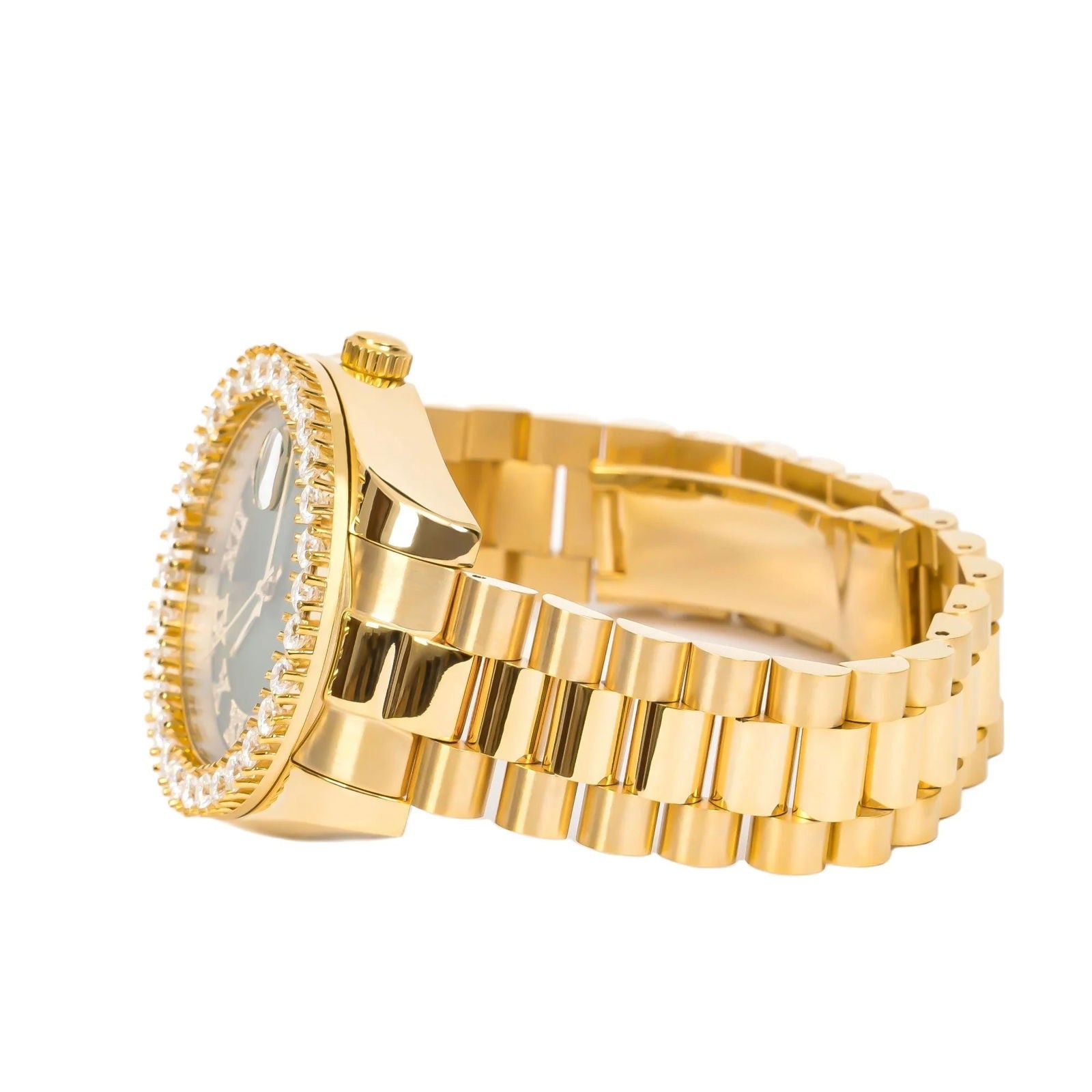 Moissanite VS Watch Roman Green Dial 14k Gold Tone Solitaire Bezel Custom - Master of Bling 