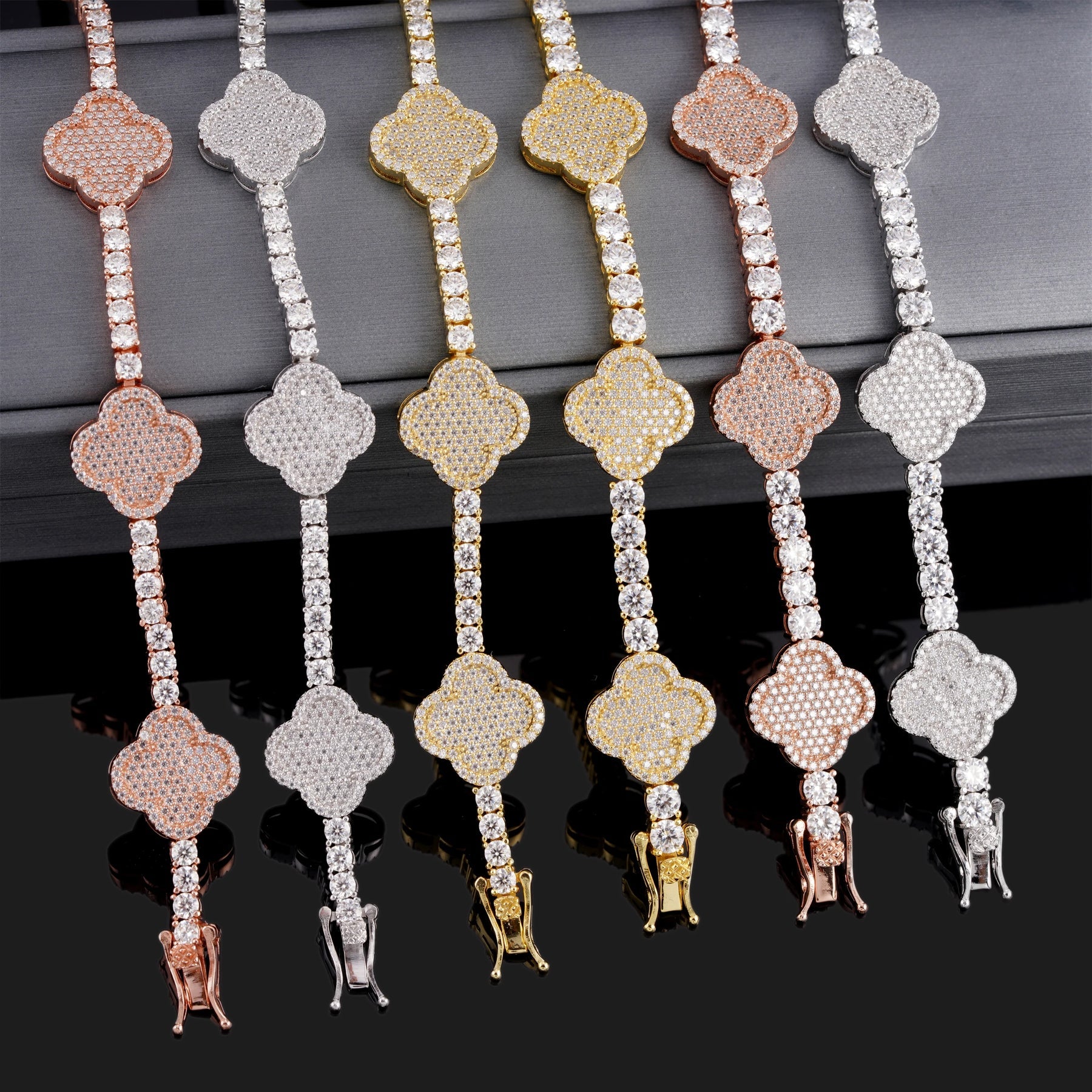 3mm Moissanite Tennis Clover Link Bracelet 925