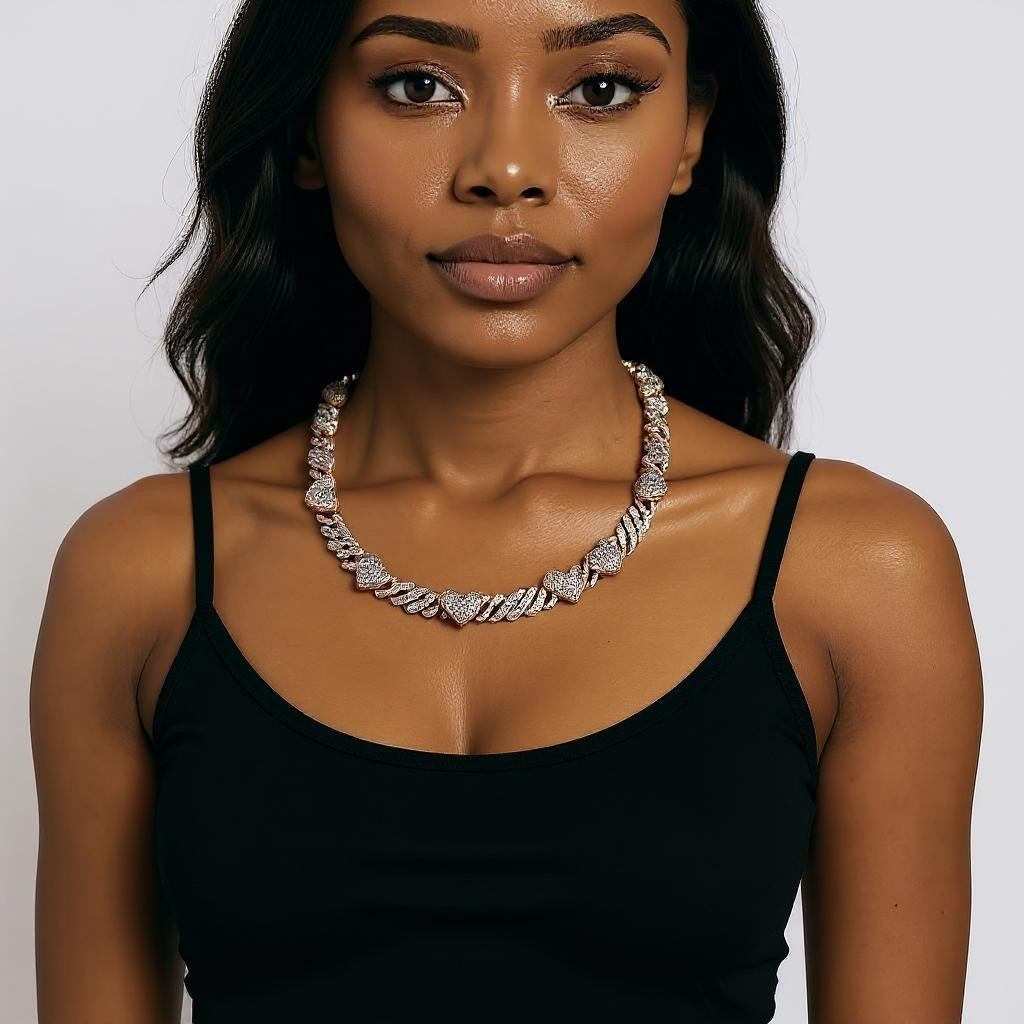 Moissanite Heart Link Necklace Cuban Chain 925 Rose