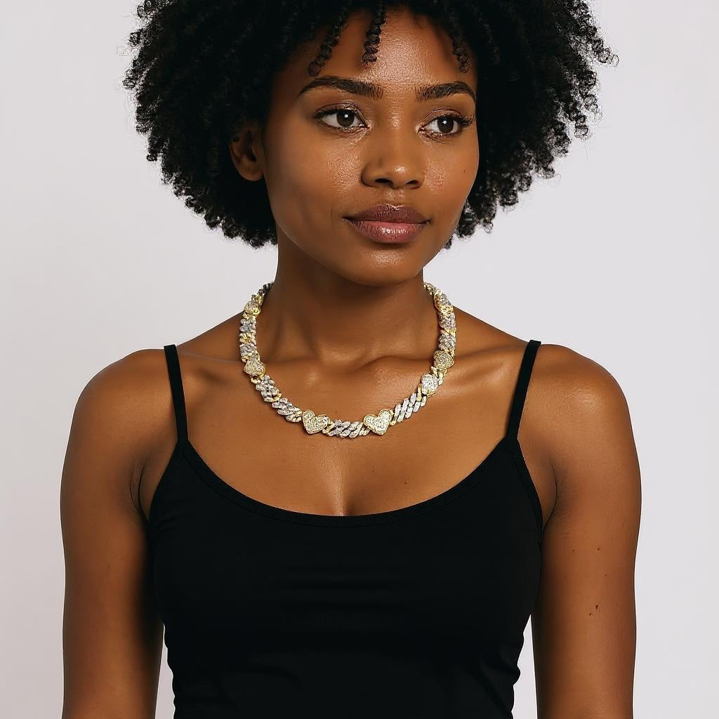 Womens Heart Link Moissanite Cuban Necklace 2 Tone Gold