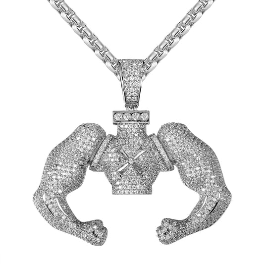 14K White Gold Tone Bicep Muscle Icy Custom Hip Hop Pendant