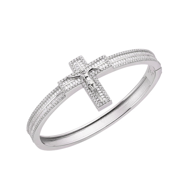Sterling Silver Moissanite 4.41 Ctw Cluster Cross Bangle Bracelet