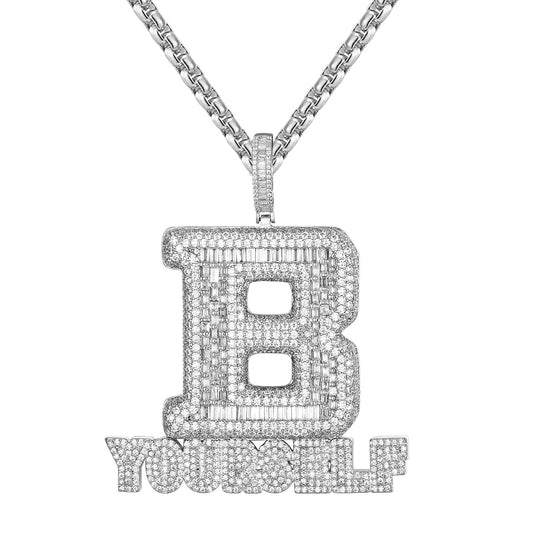 14K White Tone Baguette B Yourself Word Icy Hip Hop Pendant