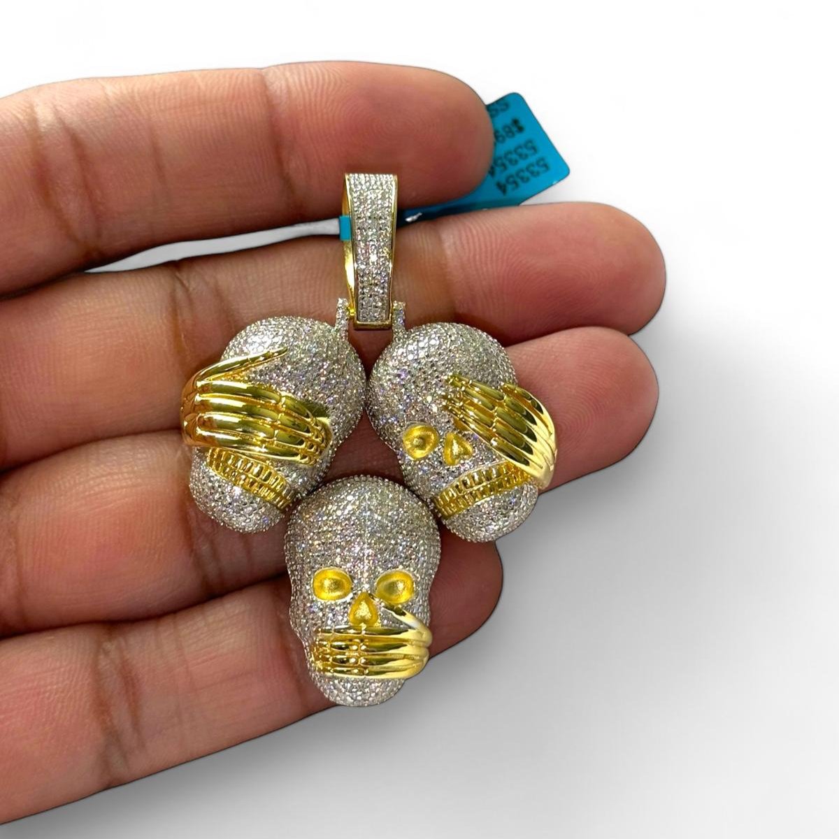 Moissanite Pendant Skull See Hear Speak No Evil 14k Gold On 925 Silver