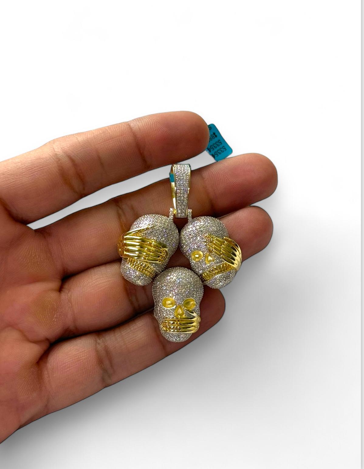 Moissanite Pendant Skull See Hear Speak No Evil 14k Gold On 925 Silver