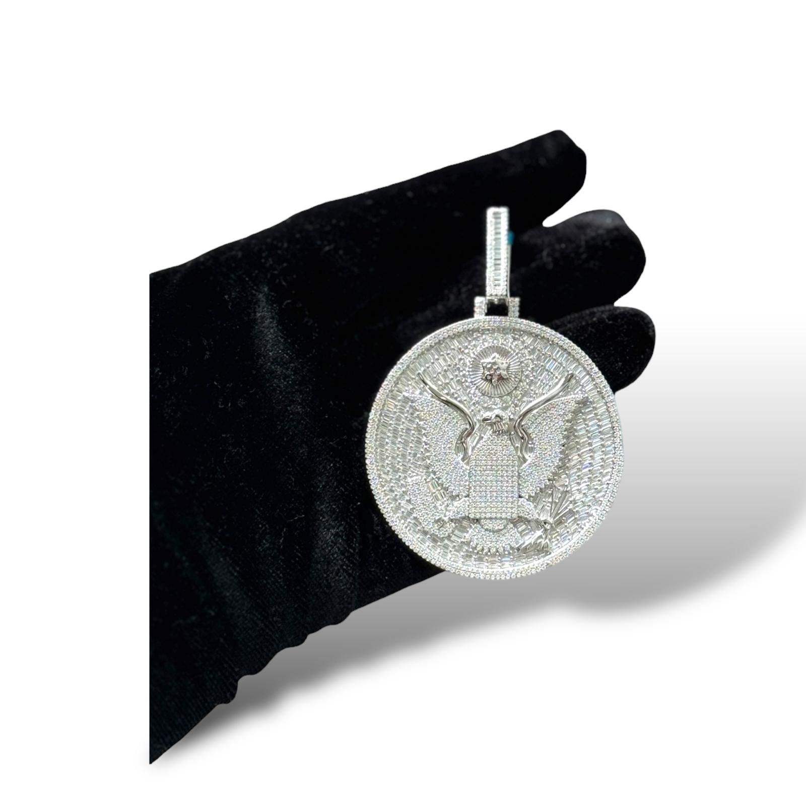 Moissanite Medallion Presidential Seal Pendant Baguette 925 Silver