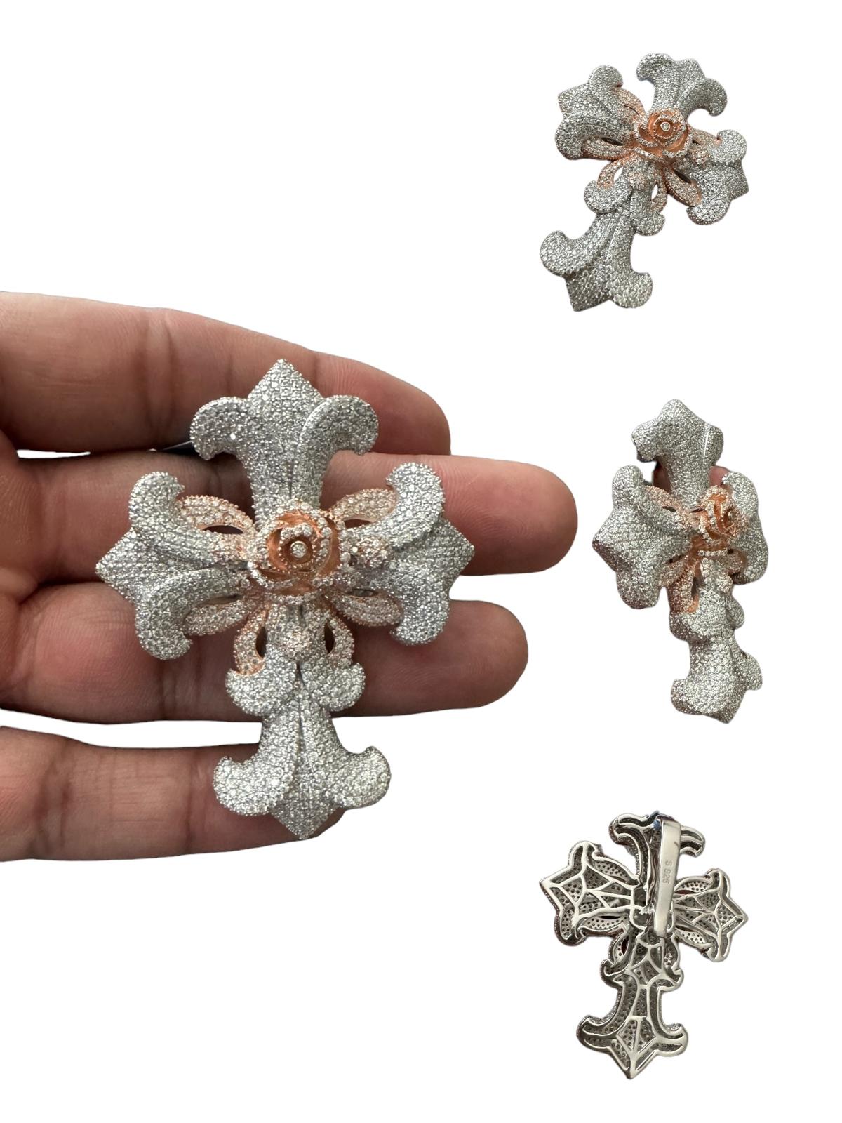 Moissanite Cross Flower Rose Pendant 925 Silver