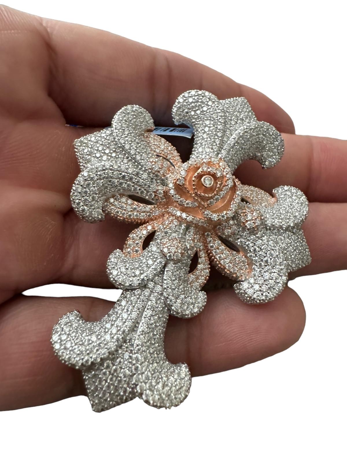 Moissanite Cross Flower Rose Pendant 925 Silver