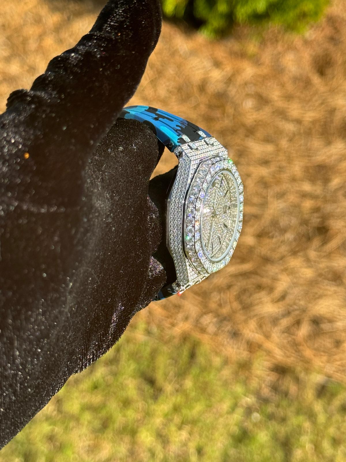 Moissanite Camouflage Blue Watch Designer Automatic Men