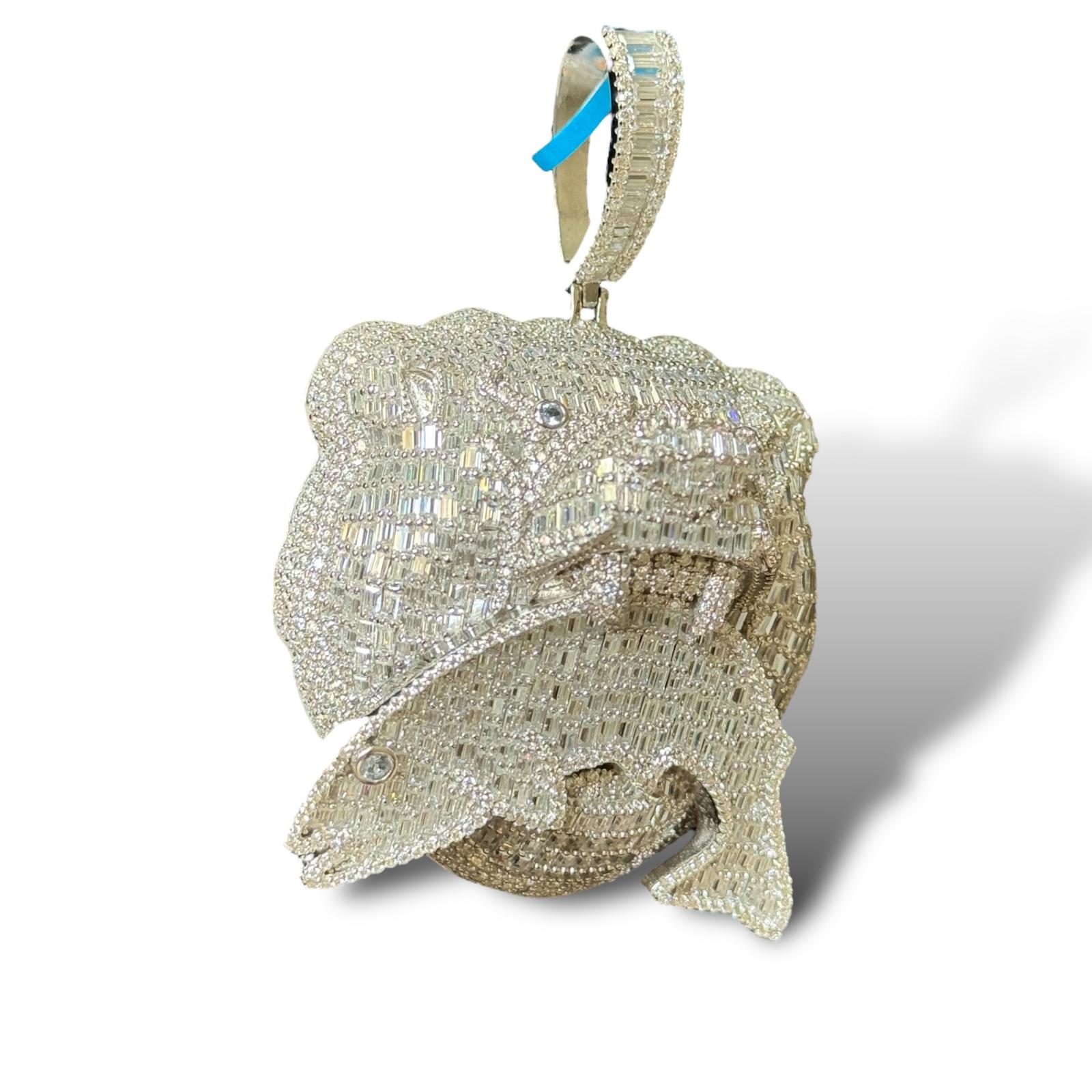 Moissanite Diamond Bear Eating Fish Pendant 925 Silver