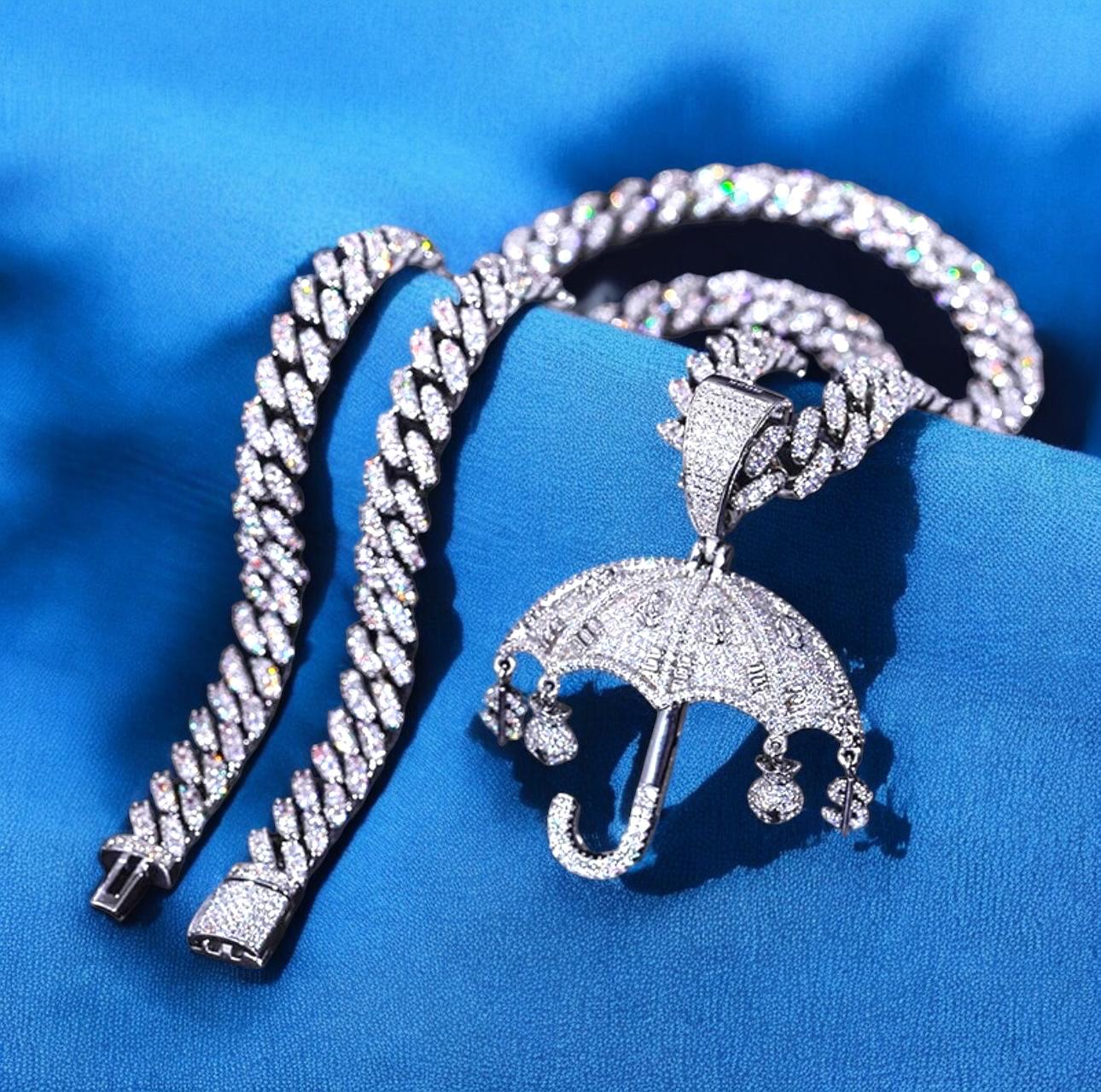 Moissanite Diamond Umbrella Money Bag Pendant Custom Iced 925 Silver