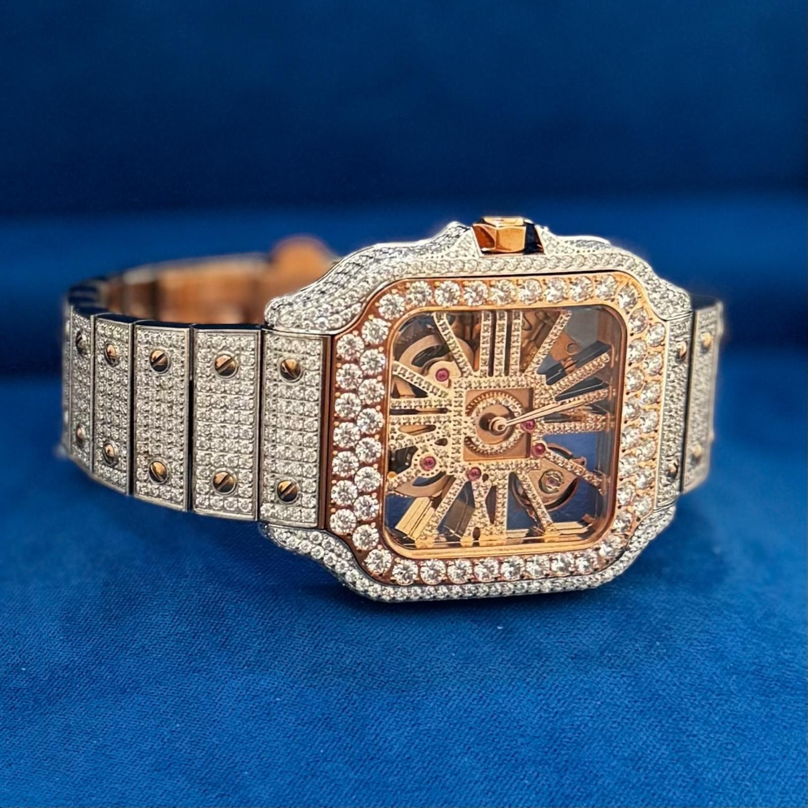 Two Tone Rose Gold Skeleton Dial Stainless Steel Moissanite Watch