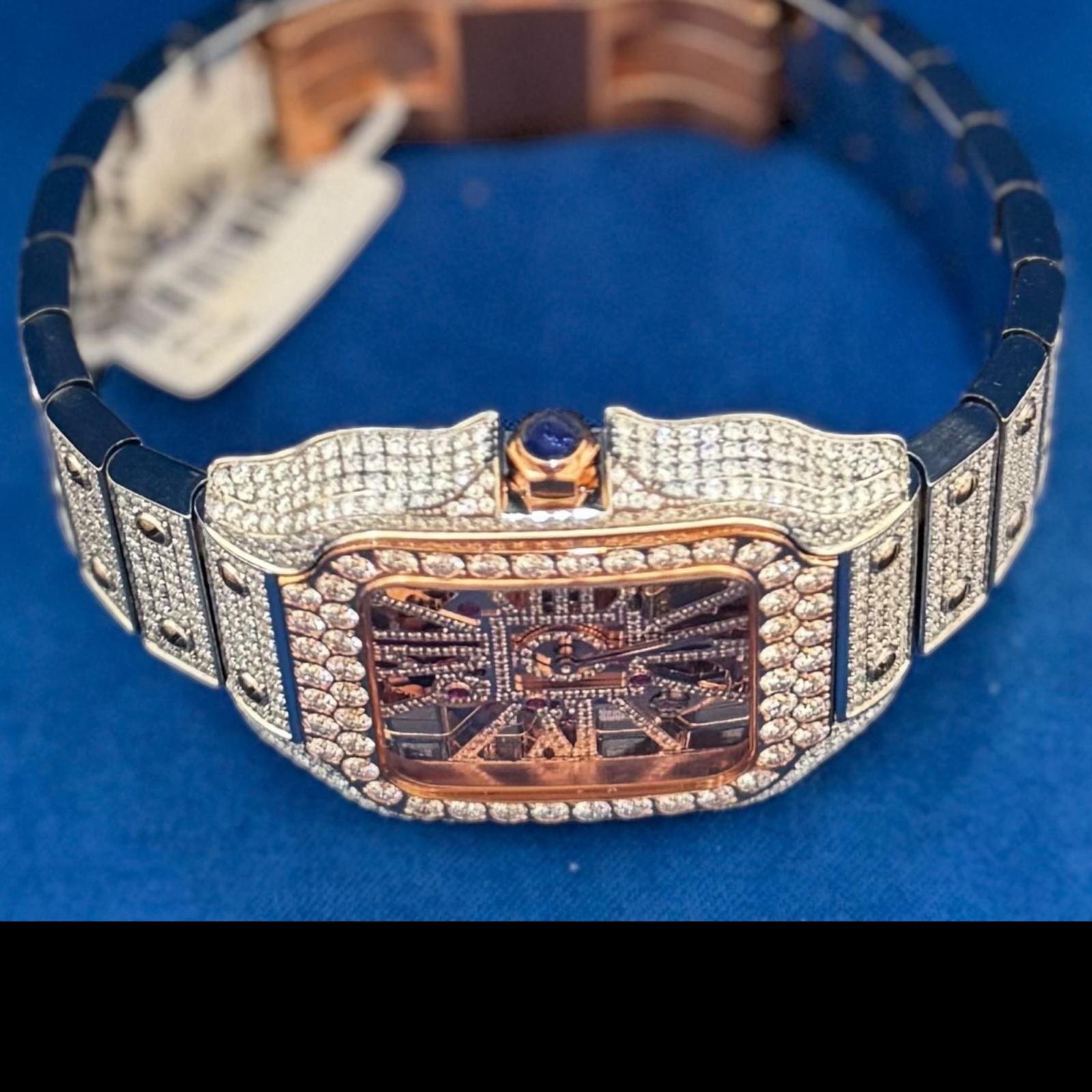 Two Tone Rose Gold Skeleton Dial Stainless Steel Moissanite Watch