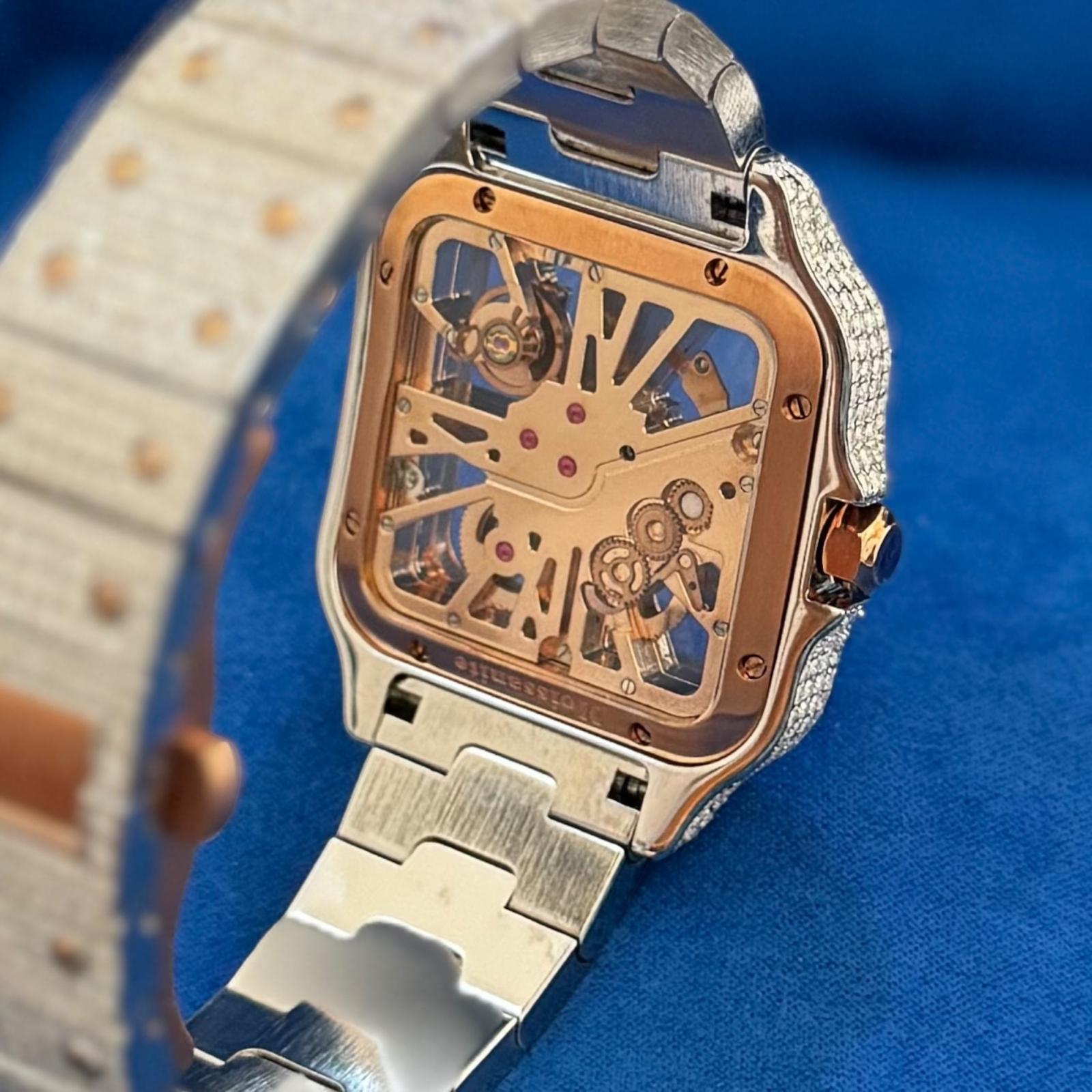 Two Tone Rose Gold Skeleton Dial Stainless Steel Moissanite Watch