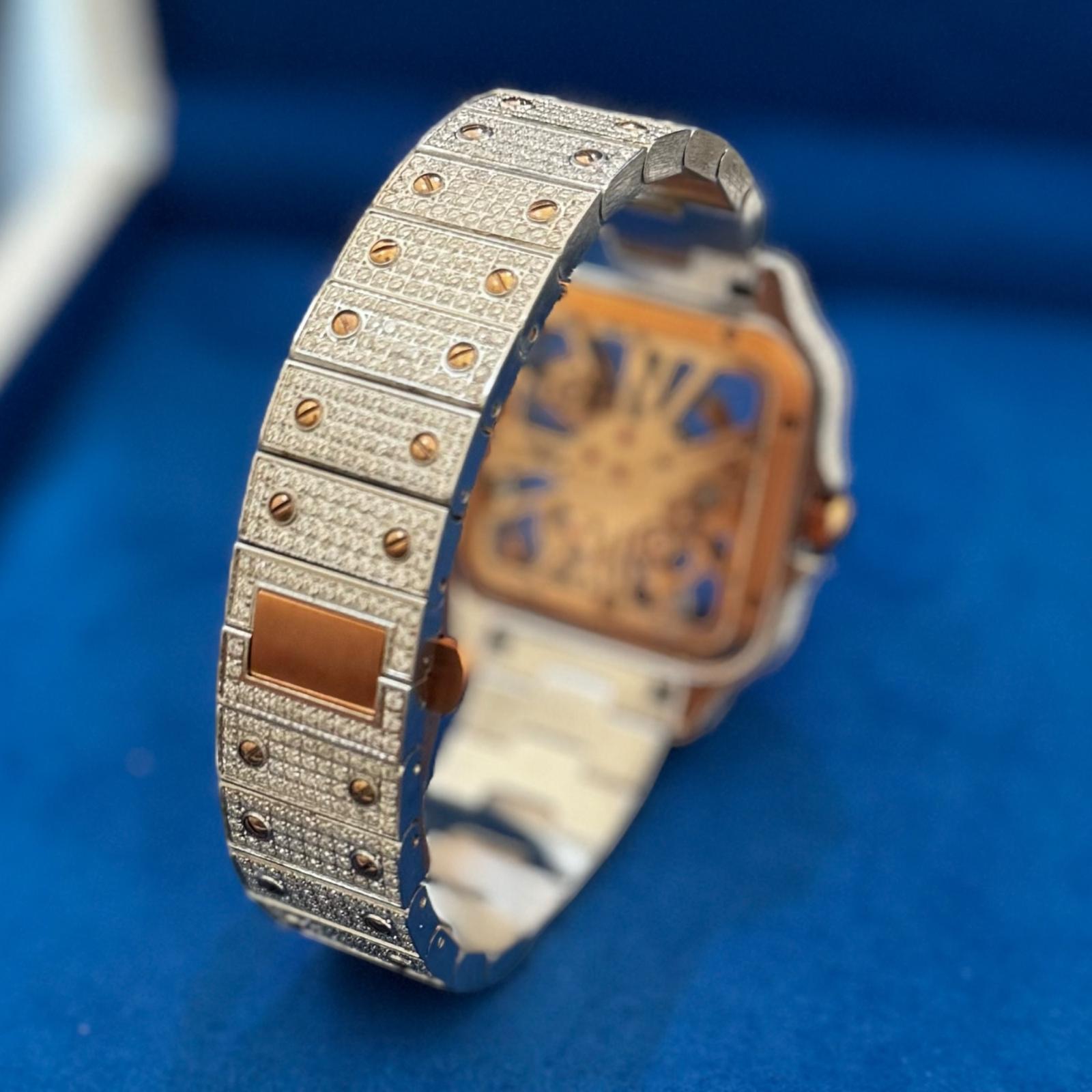 Two Tone Rose Gold Skeleton Dial Stainless Steel Moissanite Watch