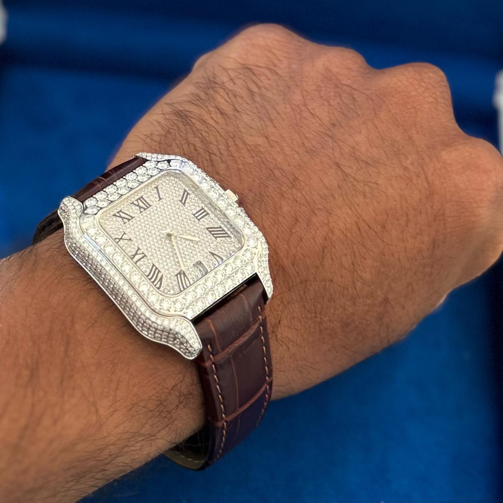 Moissanite Brown Croco Leather Band Watch Mens