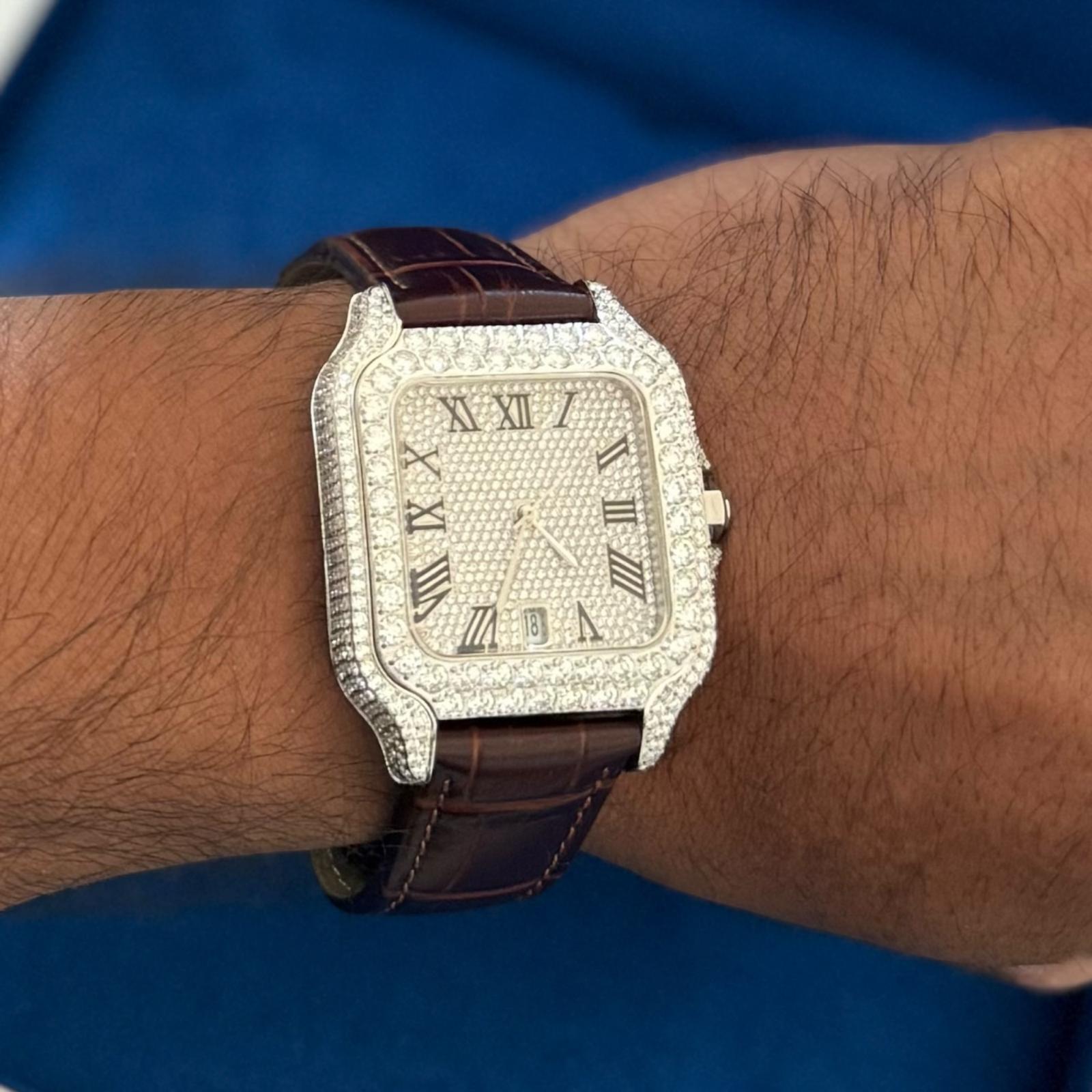 Moissanite Brown Croco Leather Band Watch Mens