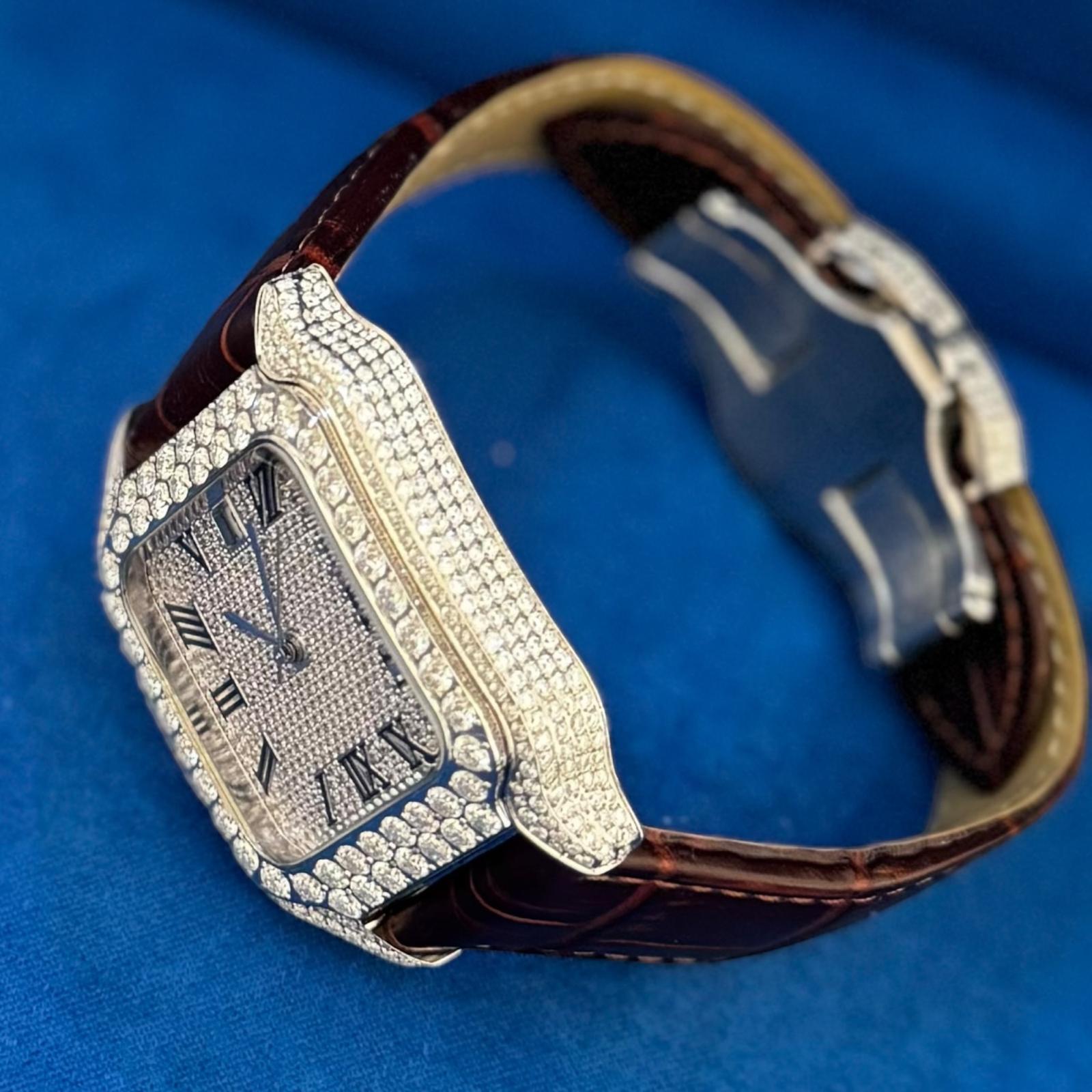 Moissanite Brown Croco Leather Band Watch Mens