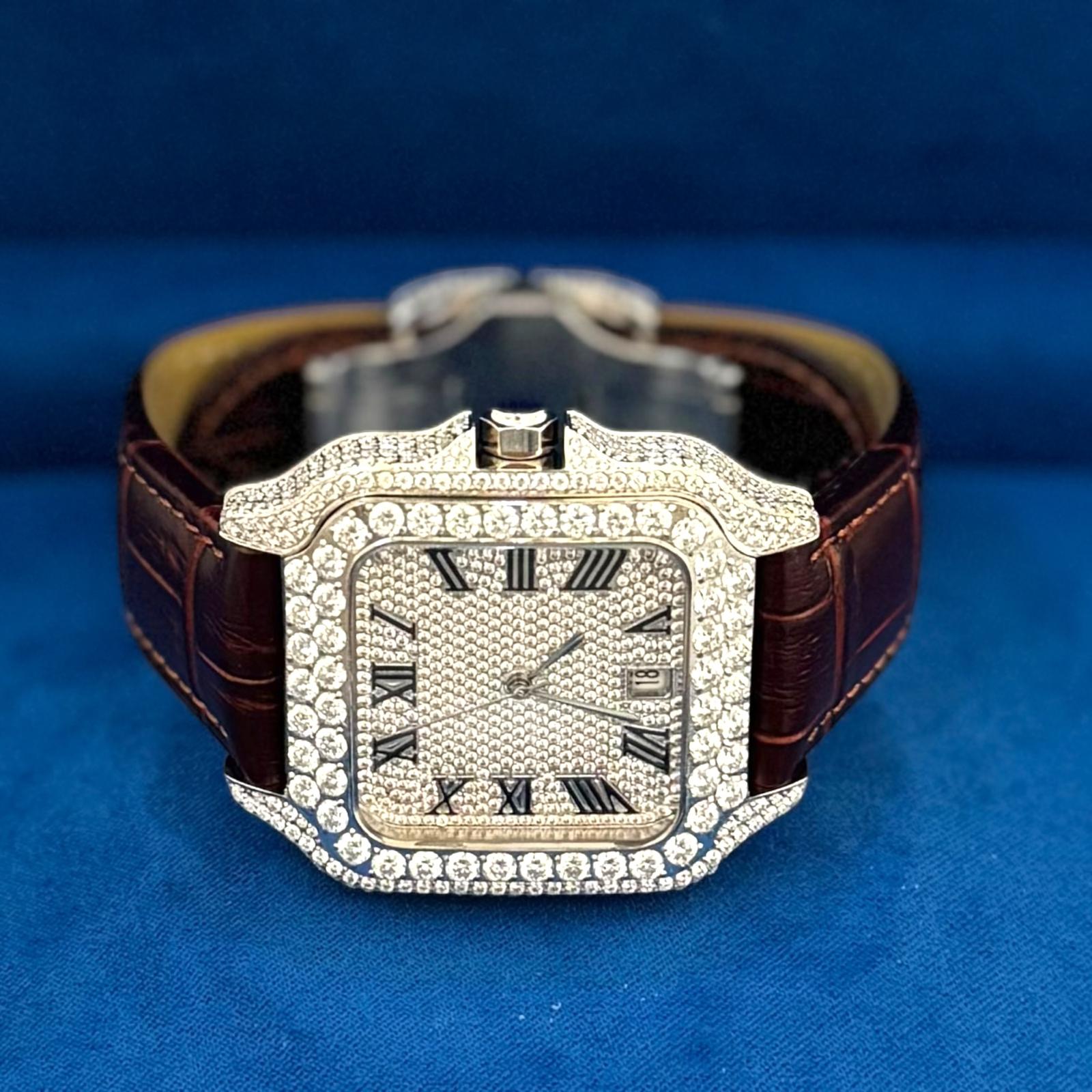 Moissanite Brown Croco Leather Band Watch Mens