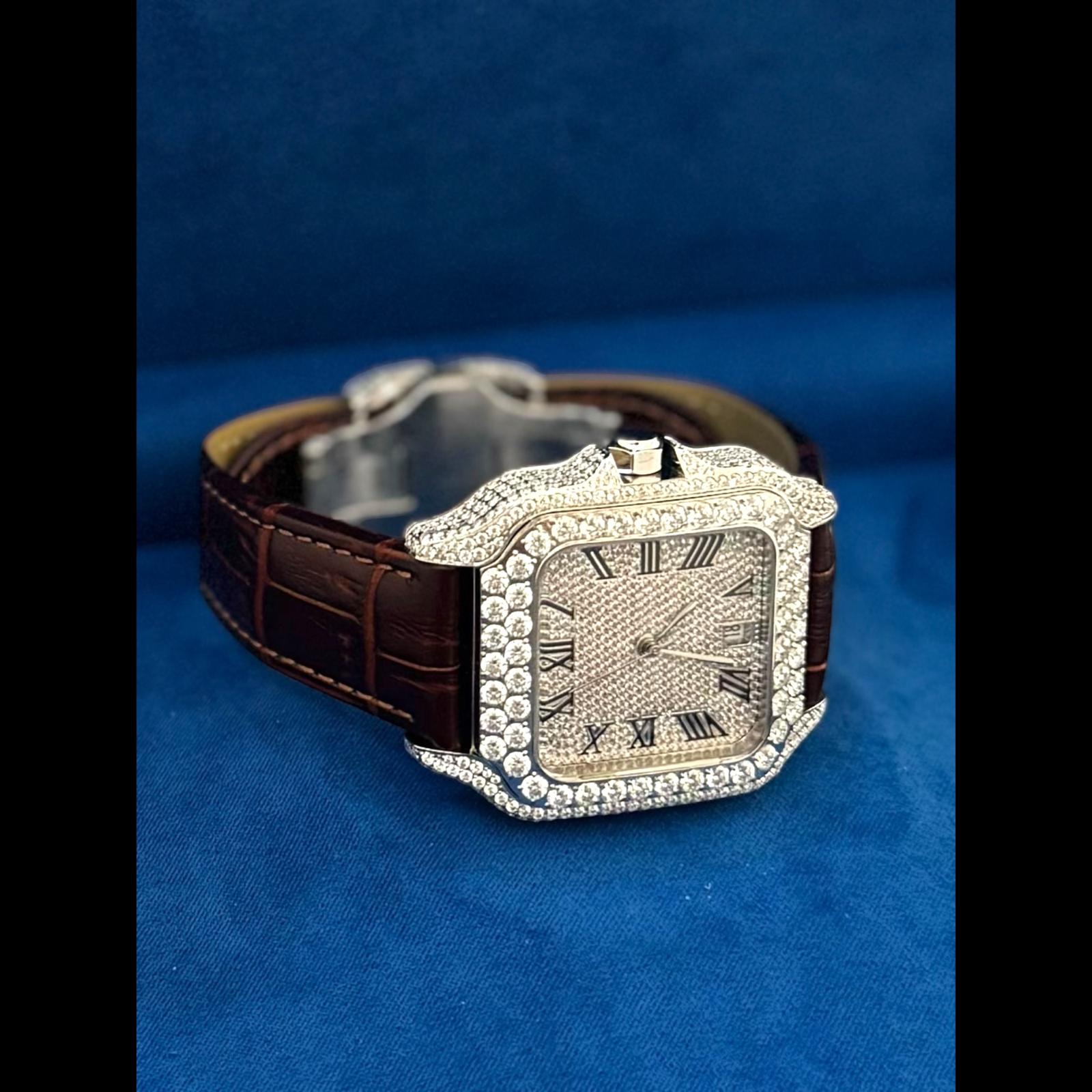 Moissanite Brown Croco Leather Band Watch Mens