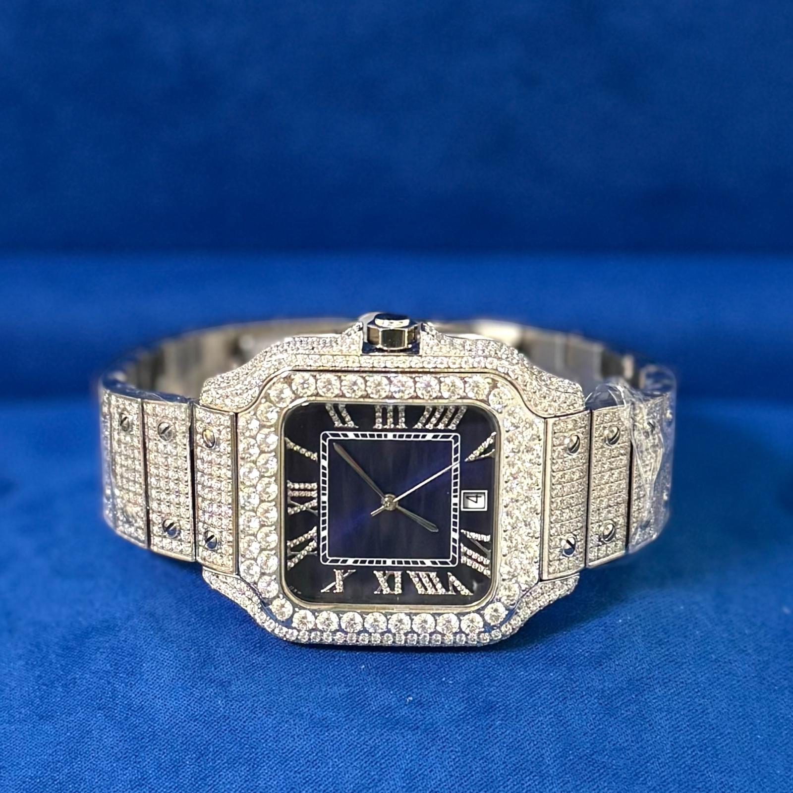 Mens Moissanite Diamond Watch 40mm Navy Blue Dial Automatic