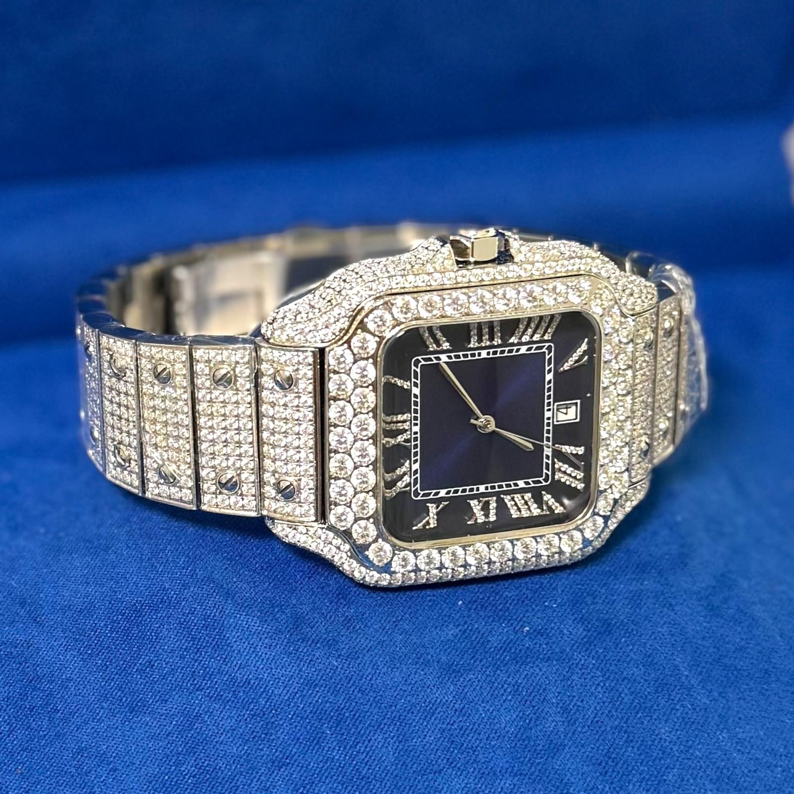 Mens Moissanite Diamond Watch 40mm Navy Blue Dial Automatic