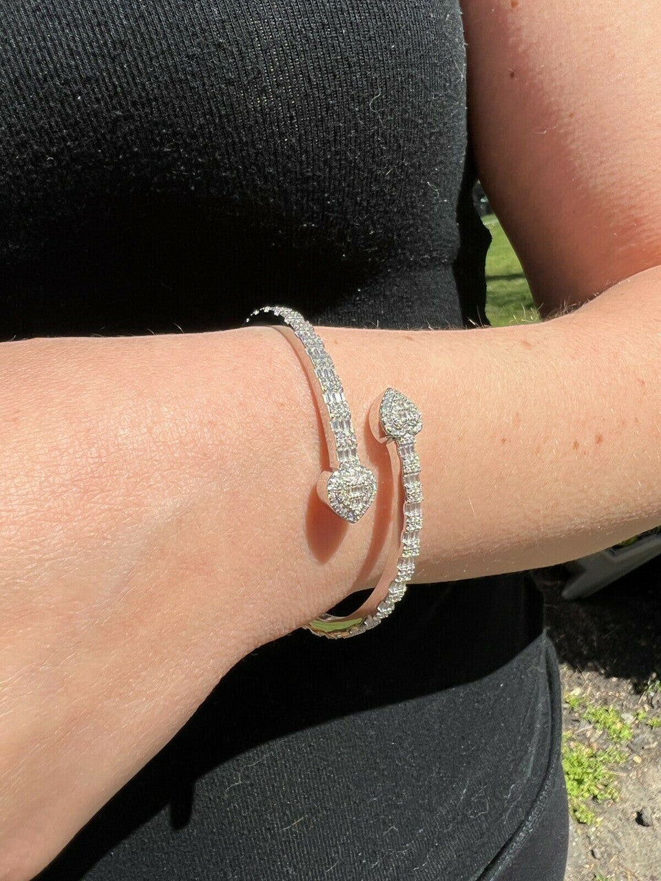 Moissanite Bangle Bracelet Heart Baguette 925 Silver