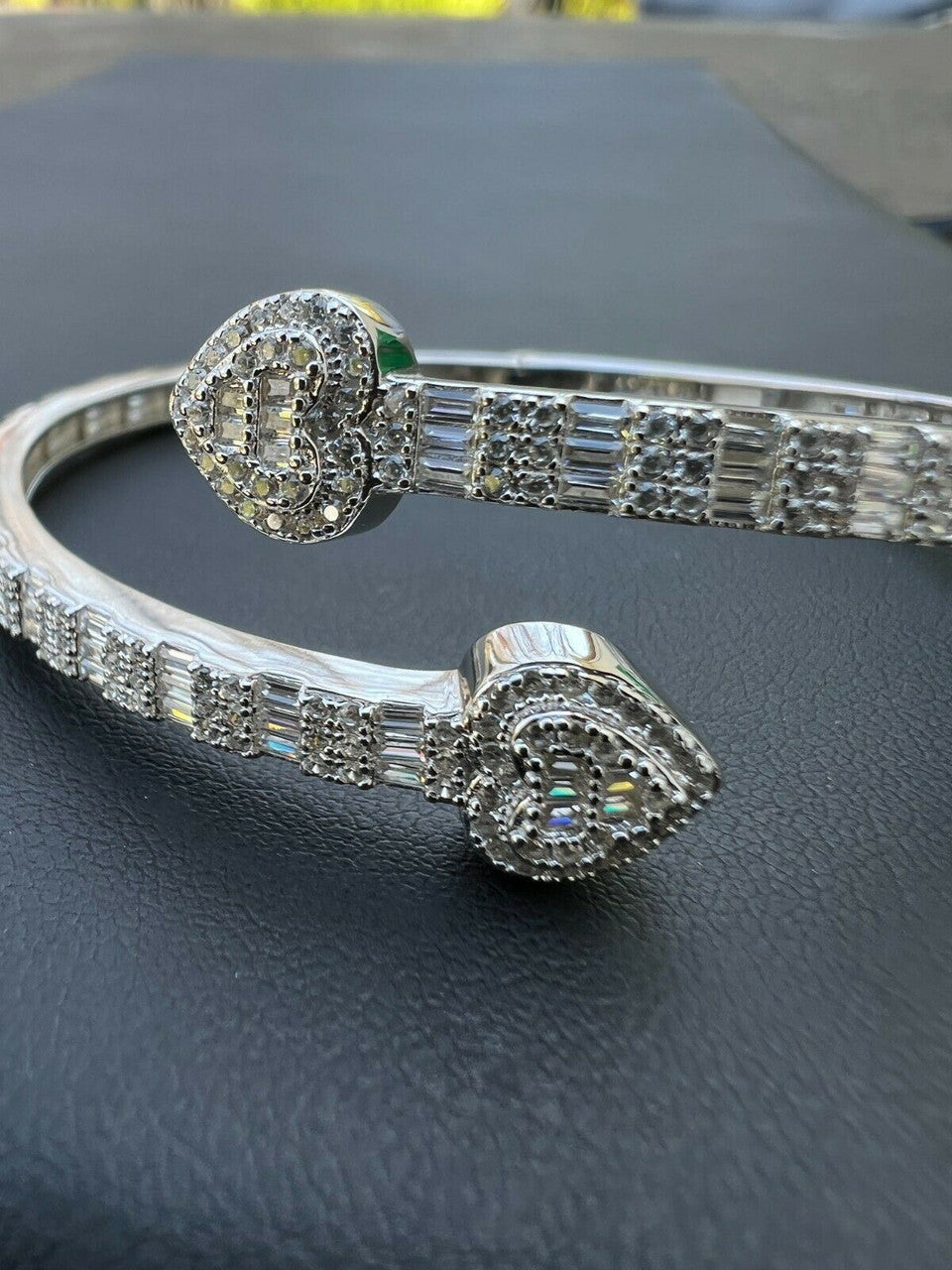 Moissanite Bangle Bracelet Heart Baguette 925 Silver