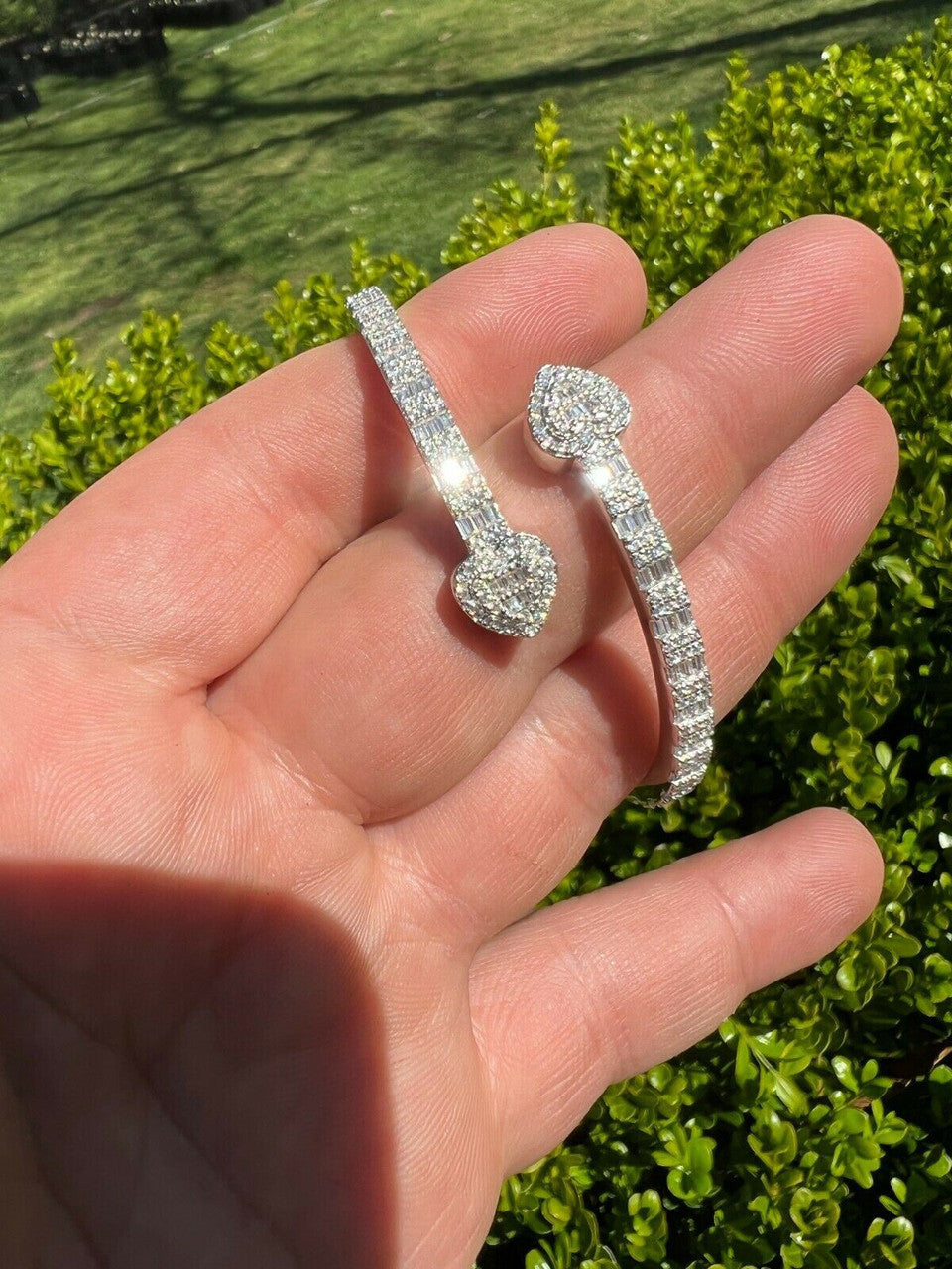 Moissanite Bangle Bracelet Heart Baguette 925 Silver