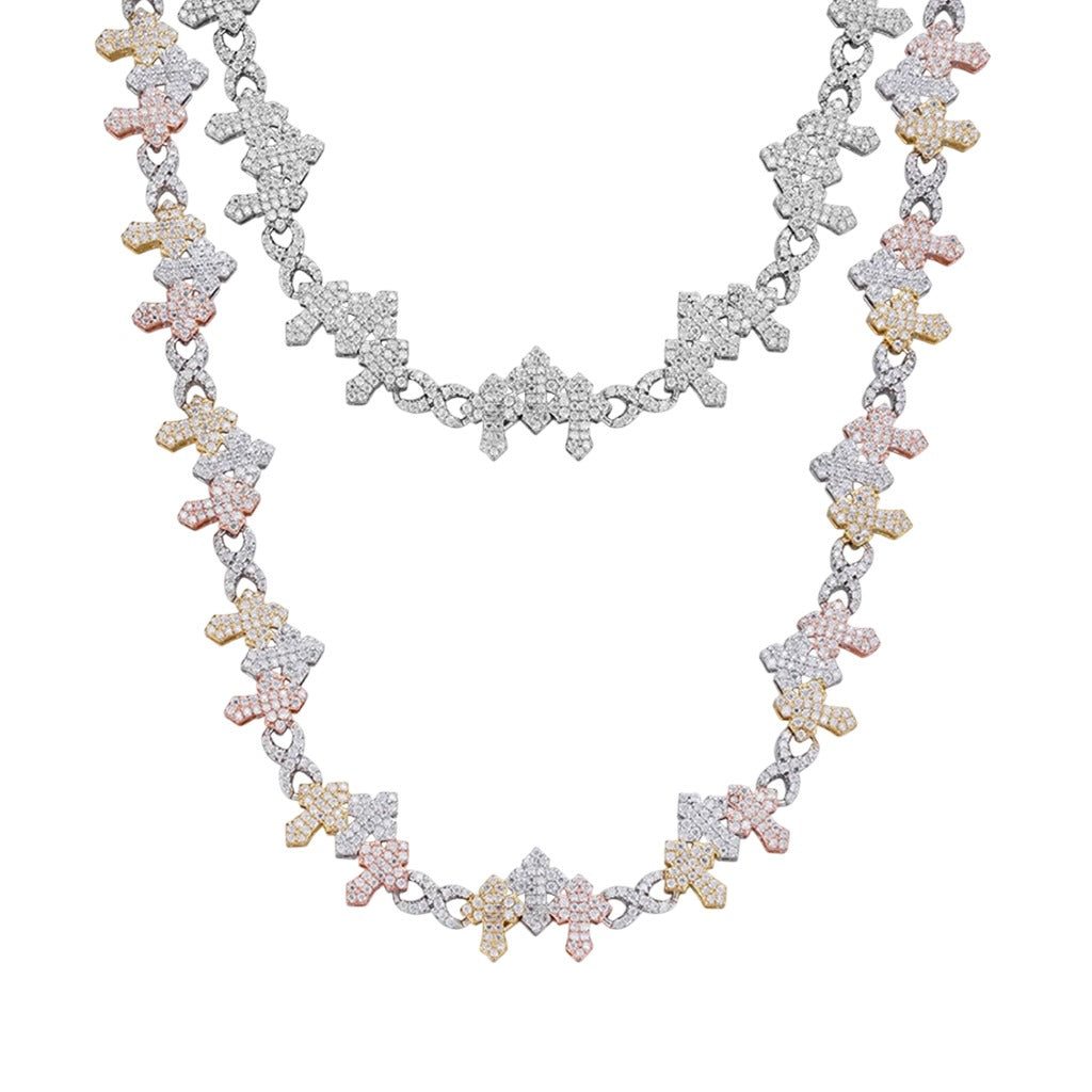 Moissanite 3 Cross Necklace Triple Link Chain 925