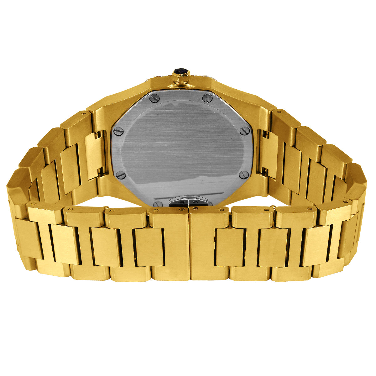 Two Row Iced Bezel Black Face Stainless Steel Automatic Gold Tone Watch