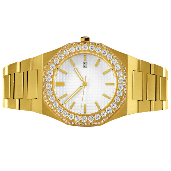 Stainless Steel Automatic Two Row Iced Bezel White Face Gold Tone Watch