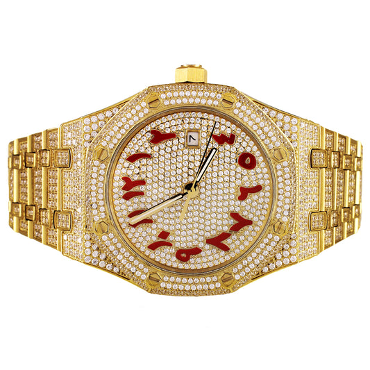 Red Arabic Dial Date Stainless Steel Automatic Gold Tone Watch