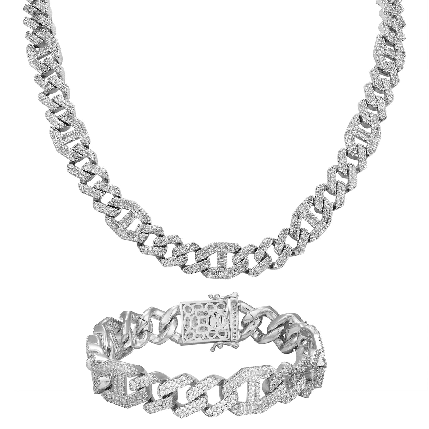 15MM Mariner Square Baguette Miami Cuban Chain Bracelet Set