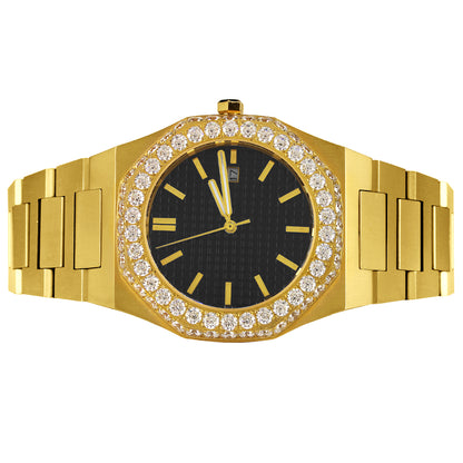 Two Row Iced Bezel Black Face Stainless Steel Automatic Gold Tone Watch