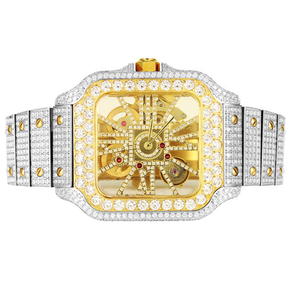 Mens Stainless Steel Iced Out Automatic Watch Sekelton Dial AAA CZ Diamond Two Tone Hip Hop fully Icy Bust Down Luxury Watch handmade