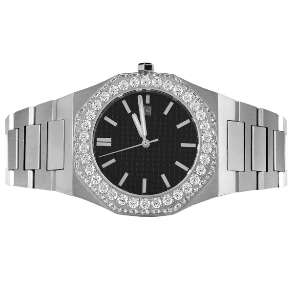 Stainless Steel Black Face White tone Luxury Automatic Iced Watch