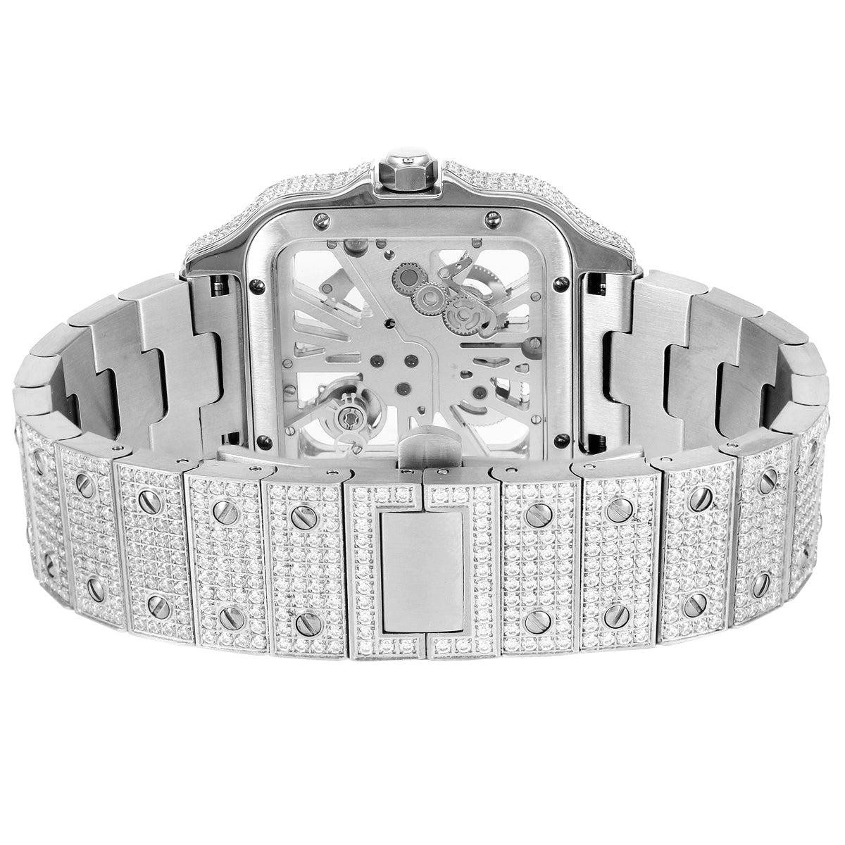 Stainless Steel Moissanite White Tone Skeleton Dial Mens Watch