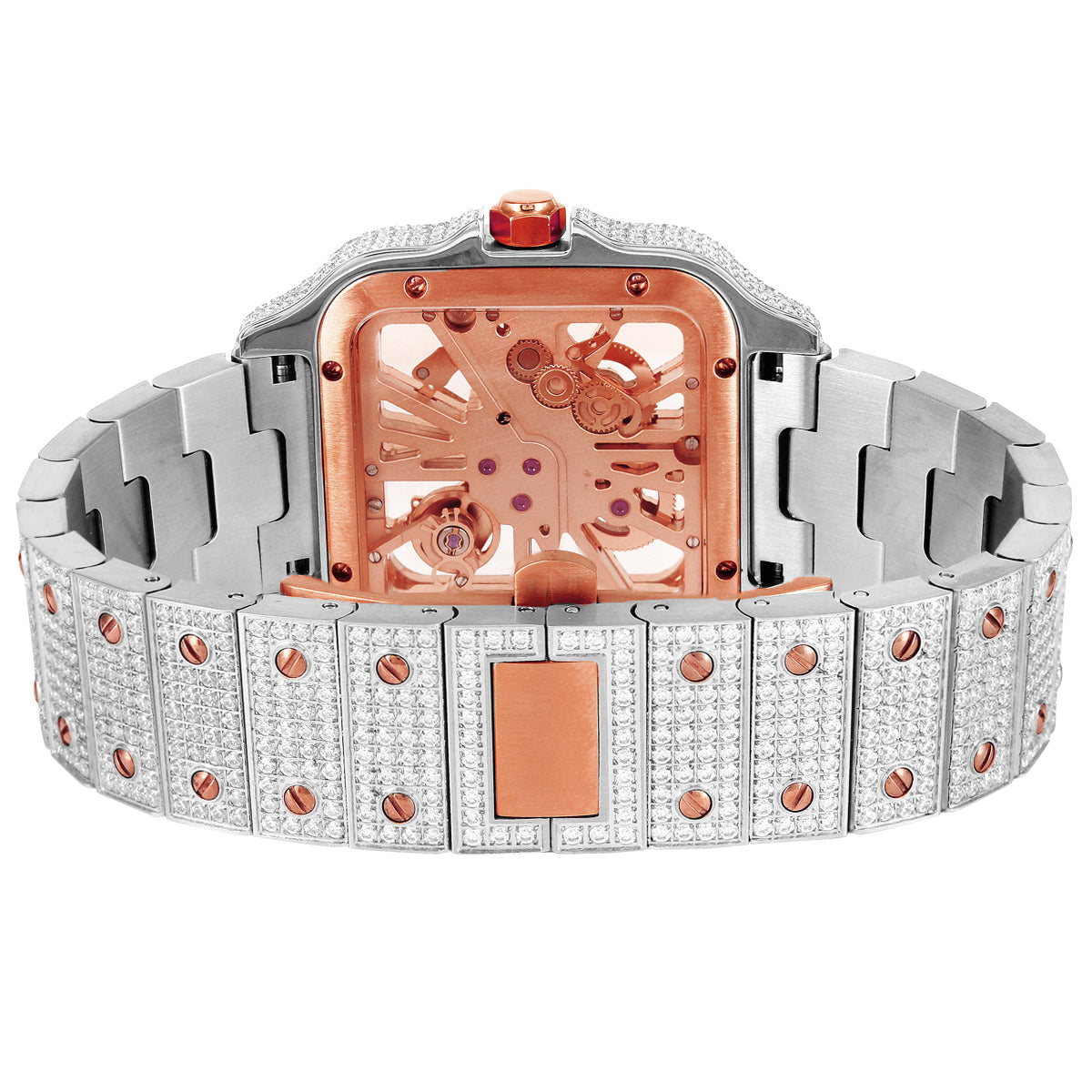 Two Tone Rose Gold Skeleton Dial Stainless Steel Moissanite Watch