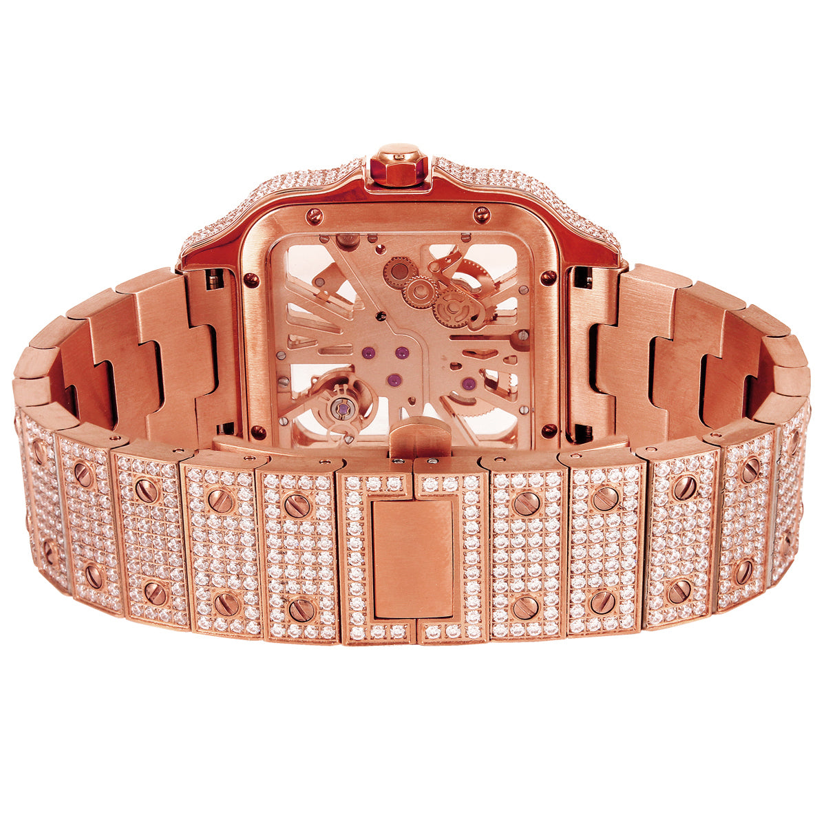 Rose Gold Tone Moissanite Skeleton Stainless Steel Watch