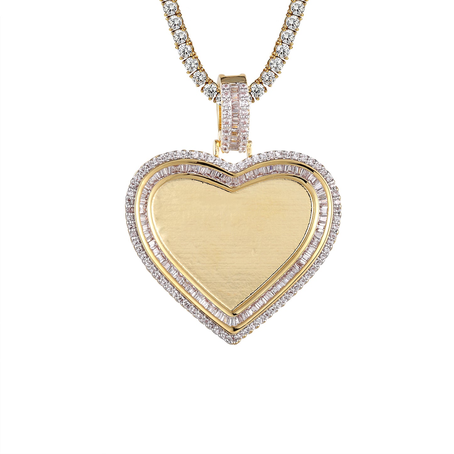 Heart Shape Baguette Micro Pave Row Picture Frame Memory Pendant