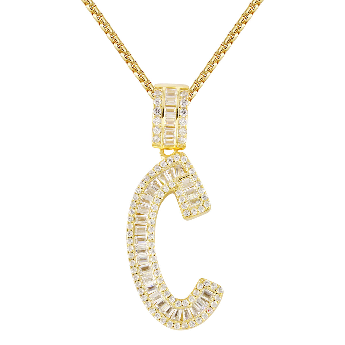 Custom Silver Baguette Bling A-Z 14k Gold Finish Initials Free Chain
