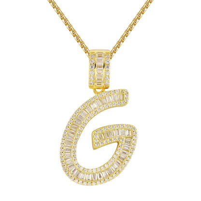 Custom Silver Baguette Bling A-Z 14k Gold Finish Initials Free Chain