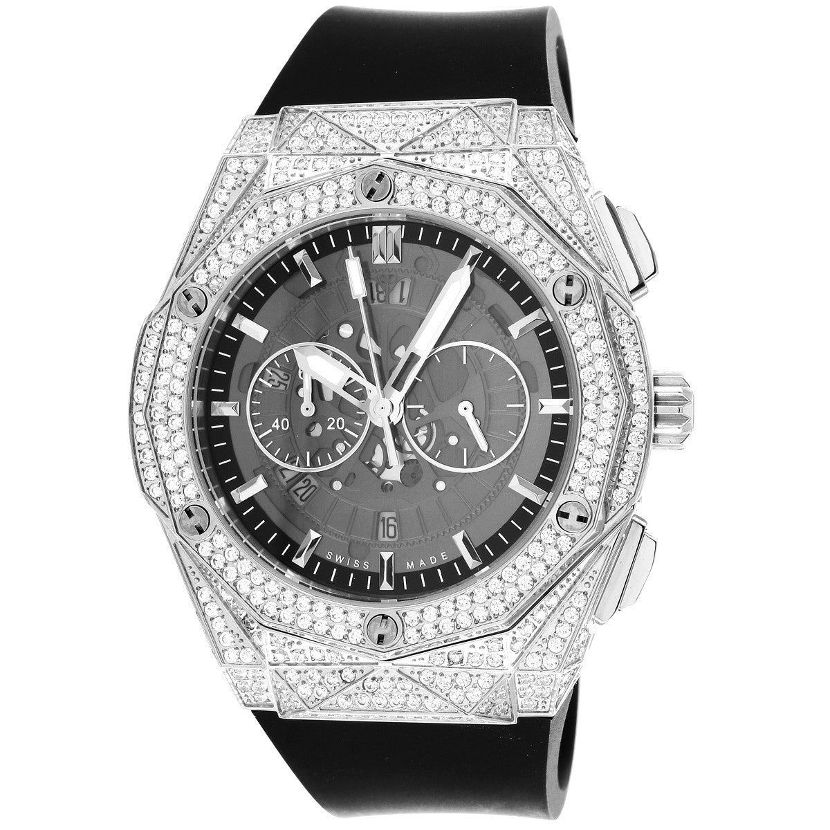 Steel Case Micro Pave Bezel 3D Dial Silicone Band Custom Watch