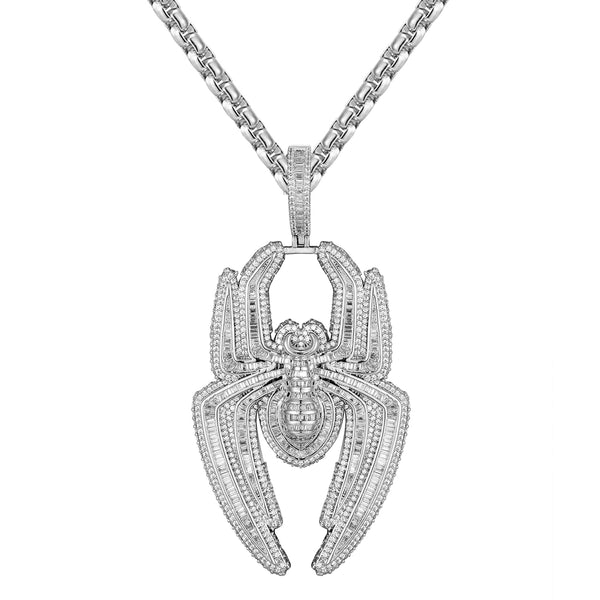 Spider Baguette 14K White Gold Tone 3D Fully Iced Pendant