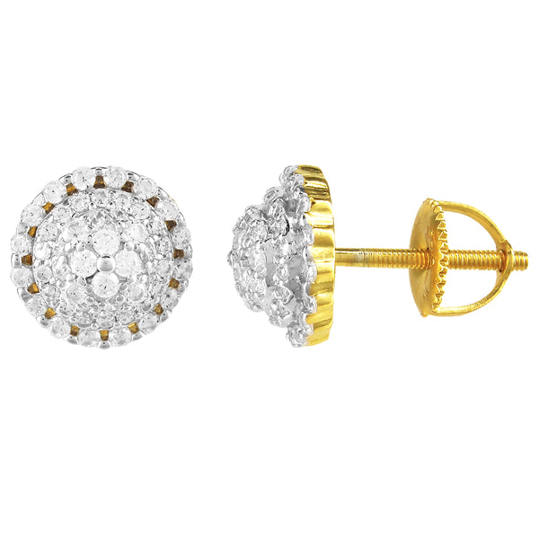 Round Icy Solitaire Cluster Gold Tone .925 Earrings