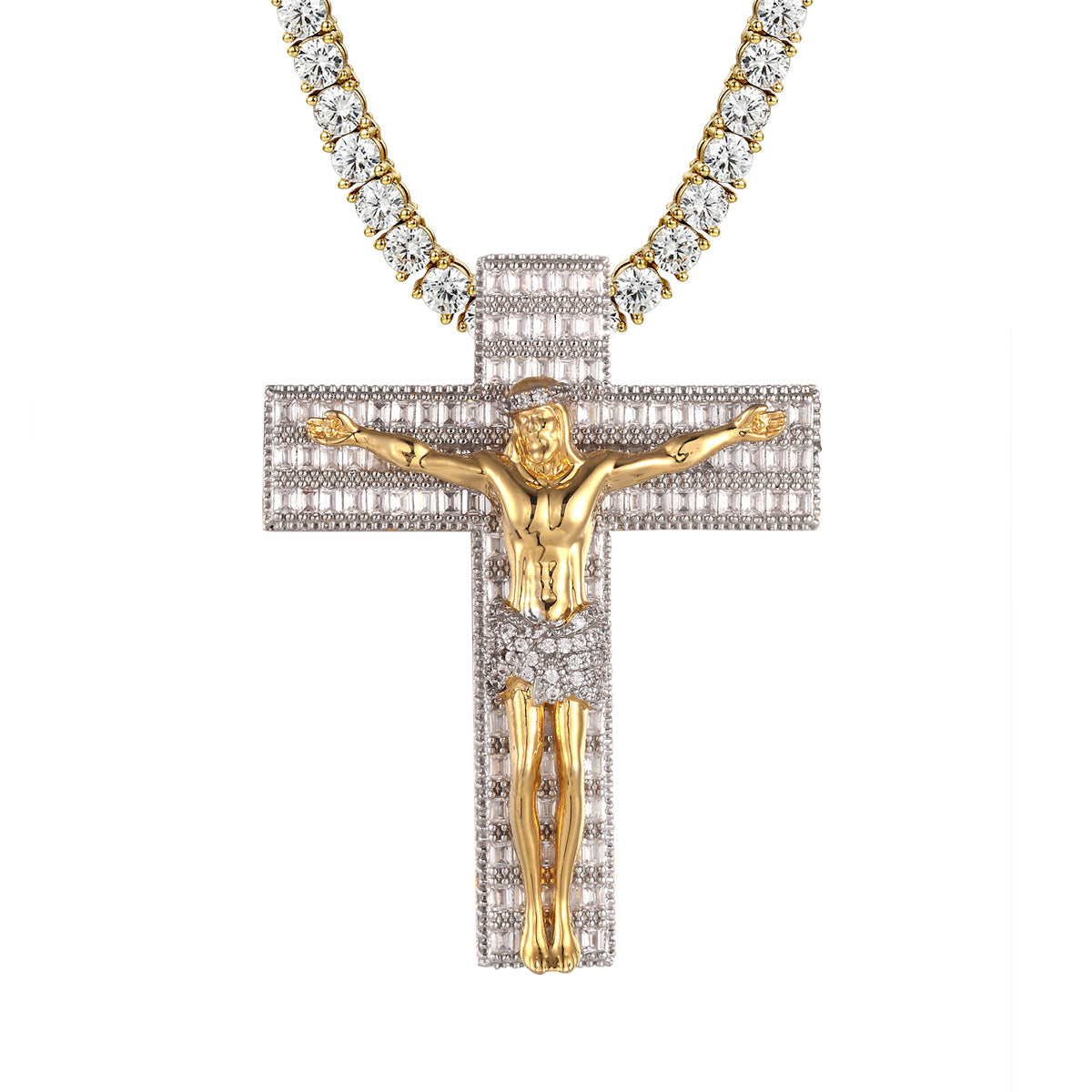 Holy Jesus Cross Baguette Crucifix .925 Silver Icy Pendant