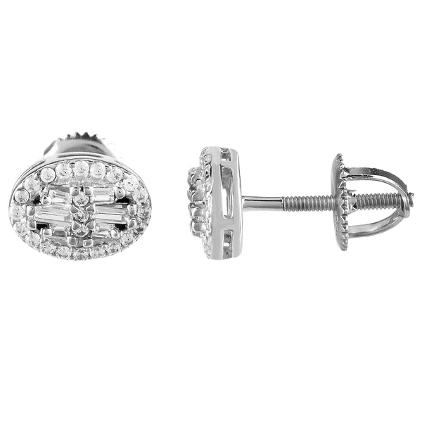 Sterling Silver Oval Shape Baguette Icy Screw Back Earrings